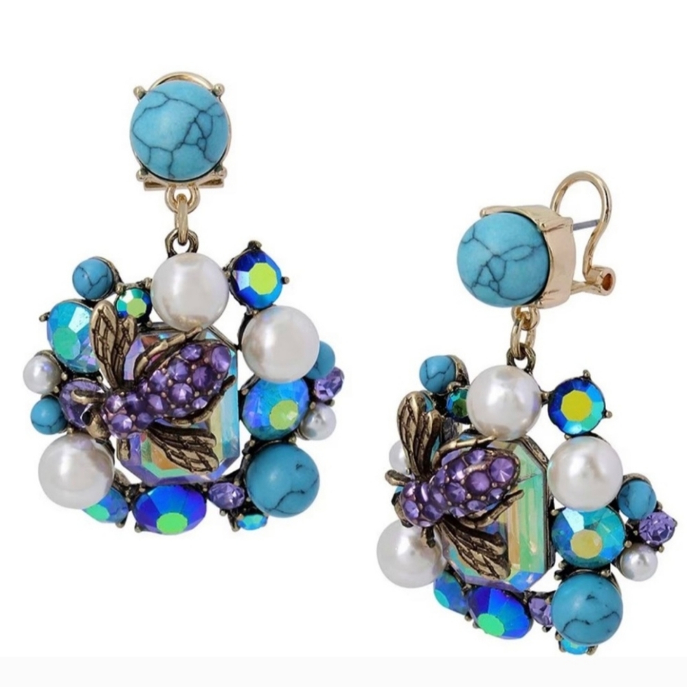 Betsey JohnsonCrystal Bug Pendant Blue Stone Cluster Drop Earrings